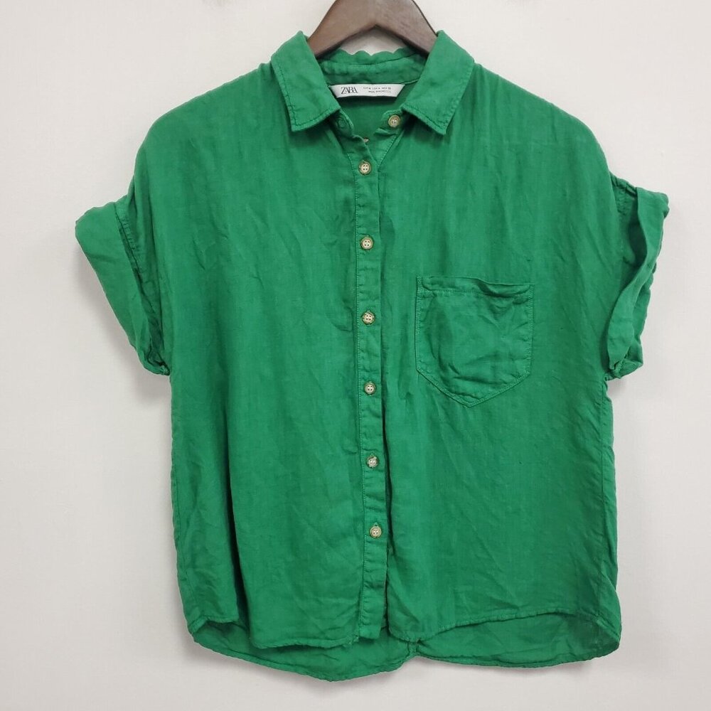 Zara Green Button-Down Linen Blend Short Sleeve Shirt